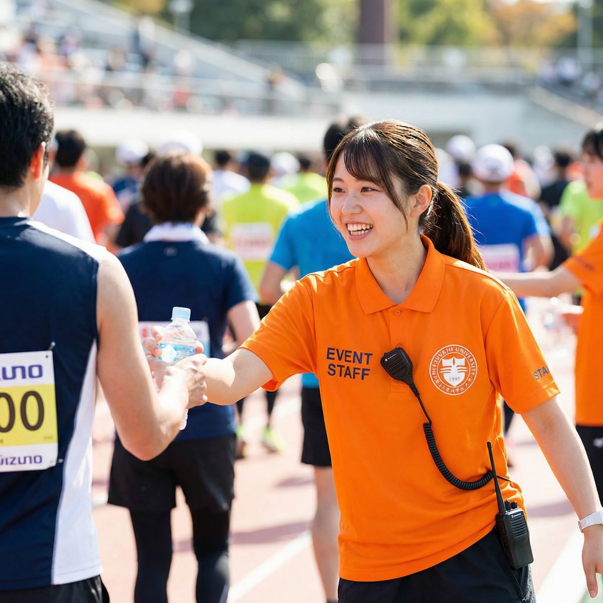 スポーツイベントスタッフとして働く日本人学生の様子